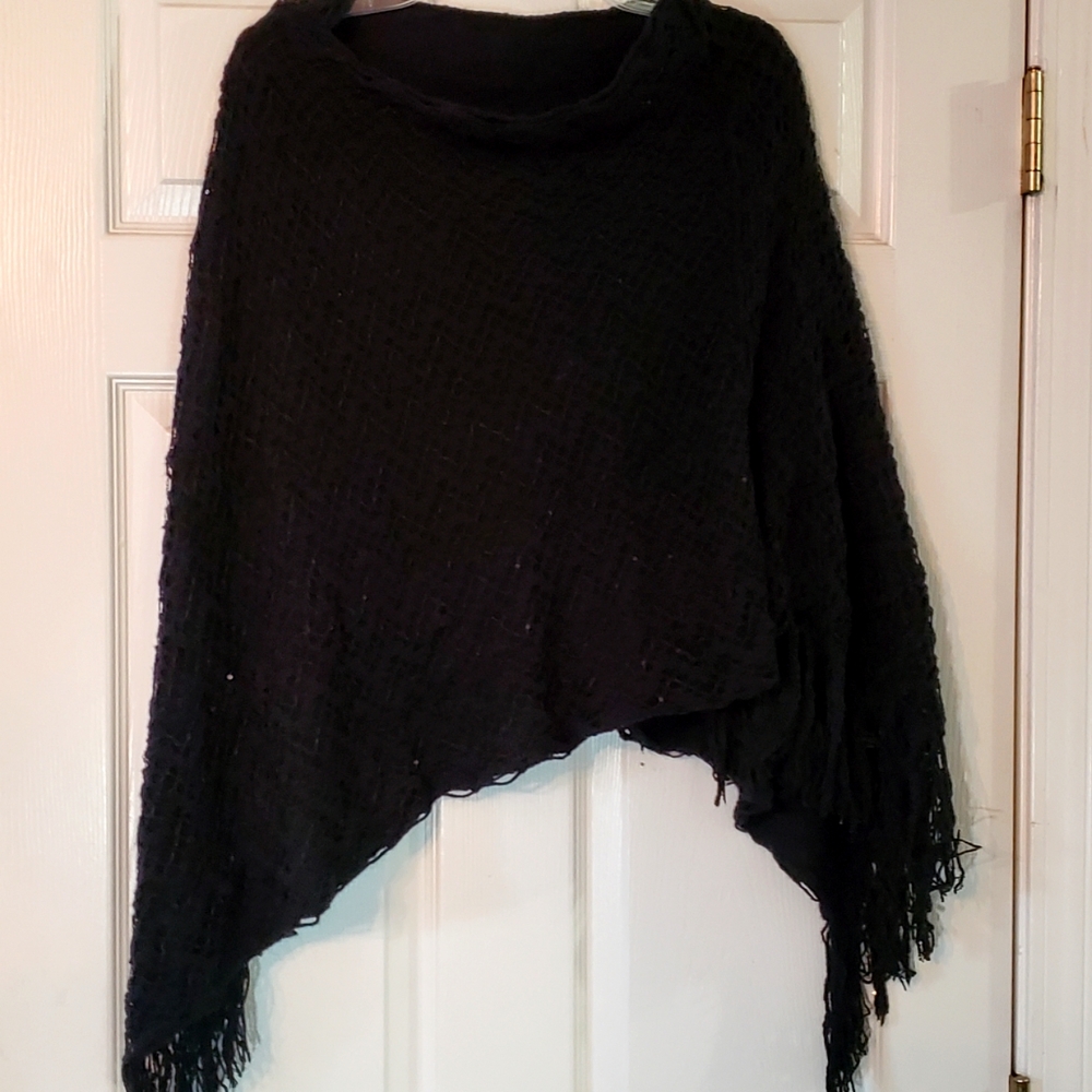 D&Y black asymetrical shawl poncho fringe